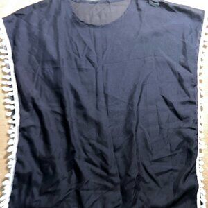Women Medium Black Sheer Chiffon‎ White Pom Tassle Swim Coverup (Q)